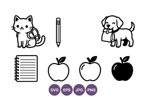 Black White School Icons Cat Dog Pencil Graphics