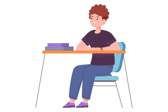 Boy Student. Teenager Sit at School Desk Graphics