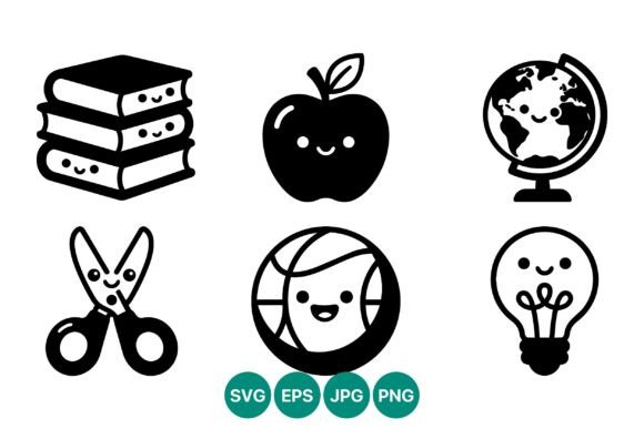 Cute Black and White School Icon Set