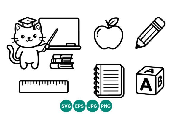 Cute Cat Teacher School Supplies Line Graphics