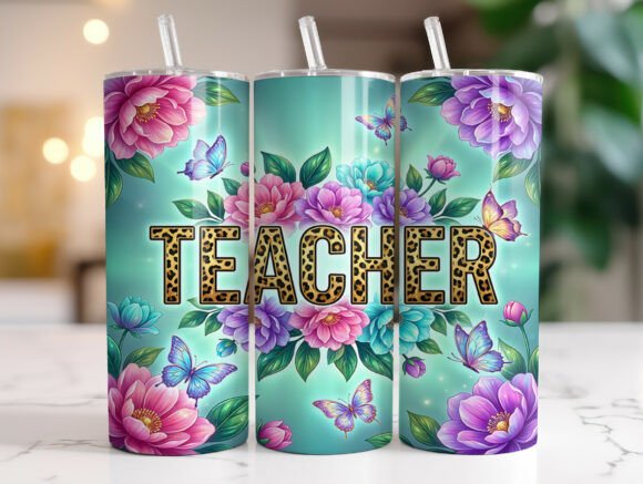 Floral Teacher Leopard Print Tumbler PNG