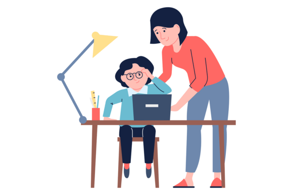 Parent Support Studying Son. School Kid Graphics