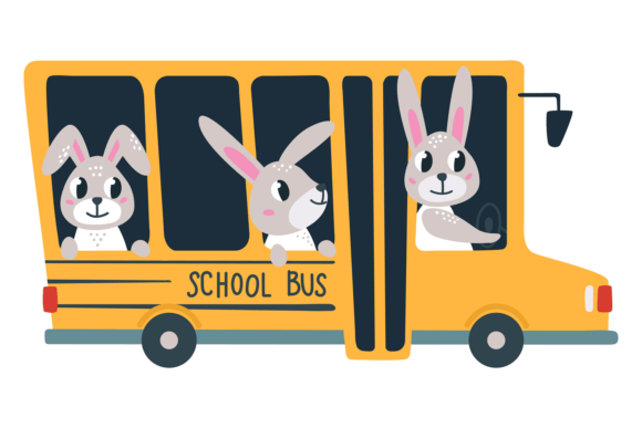 Rabbits in School Bus. Funny Animal Kids
