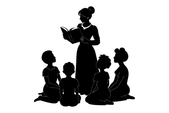 Teacher Reading Book to Silhouetted Chil Graphics and Illustrations